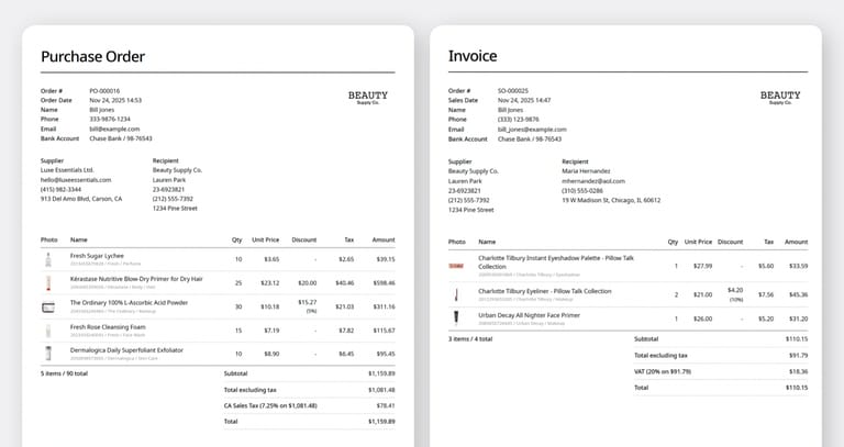 Sample Purchase Order and Sales Invoice PDF Generated from BoxHero