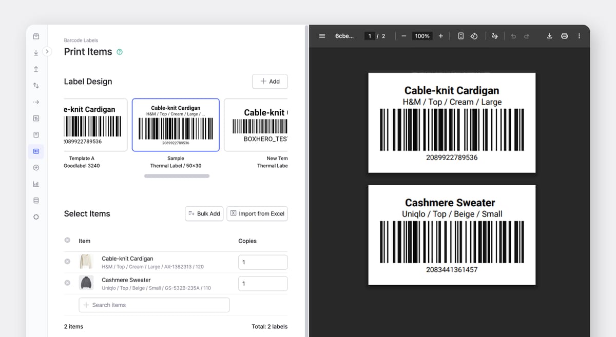 BoxHero Web (Dekstop) UI Screen: Barcode Labels > Print Items