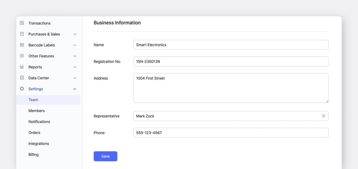 BoxHero Web UI Screenshot: Settings > Team > Business Information