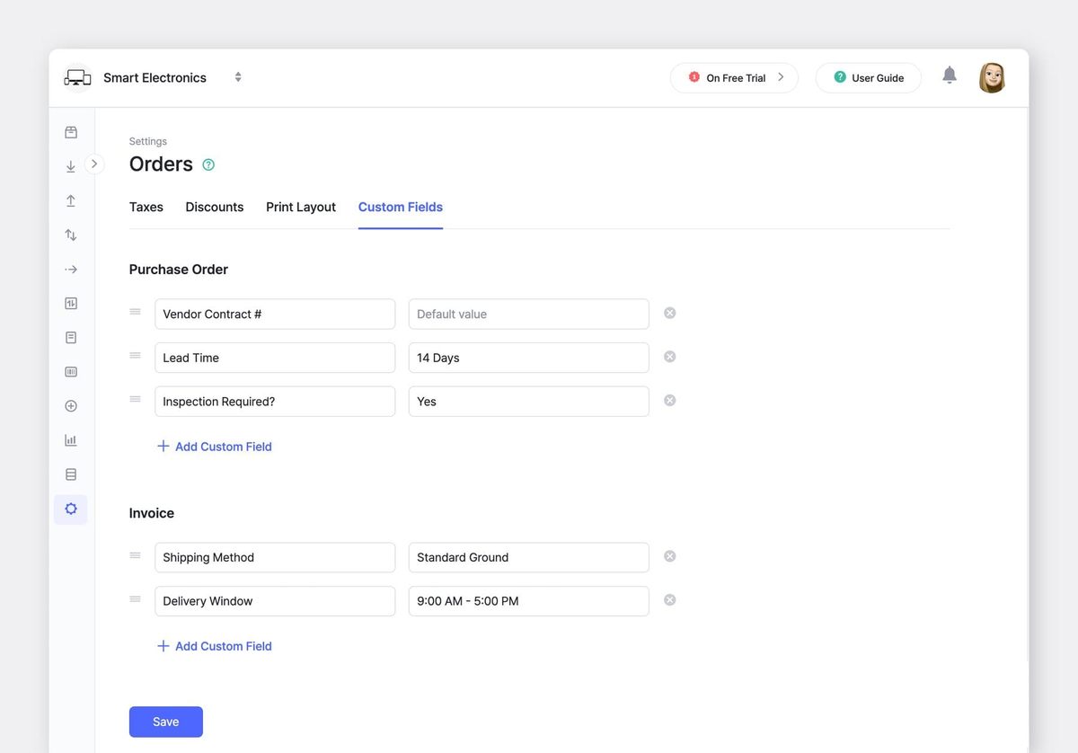 BoxHero Web UI Screenshot: Settings > Orders > Custom Fields