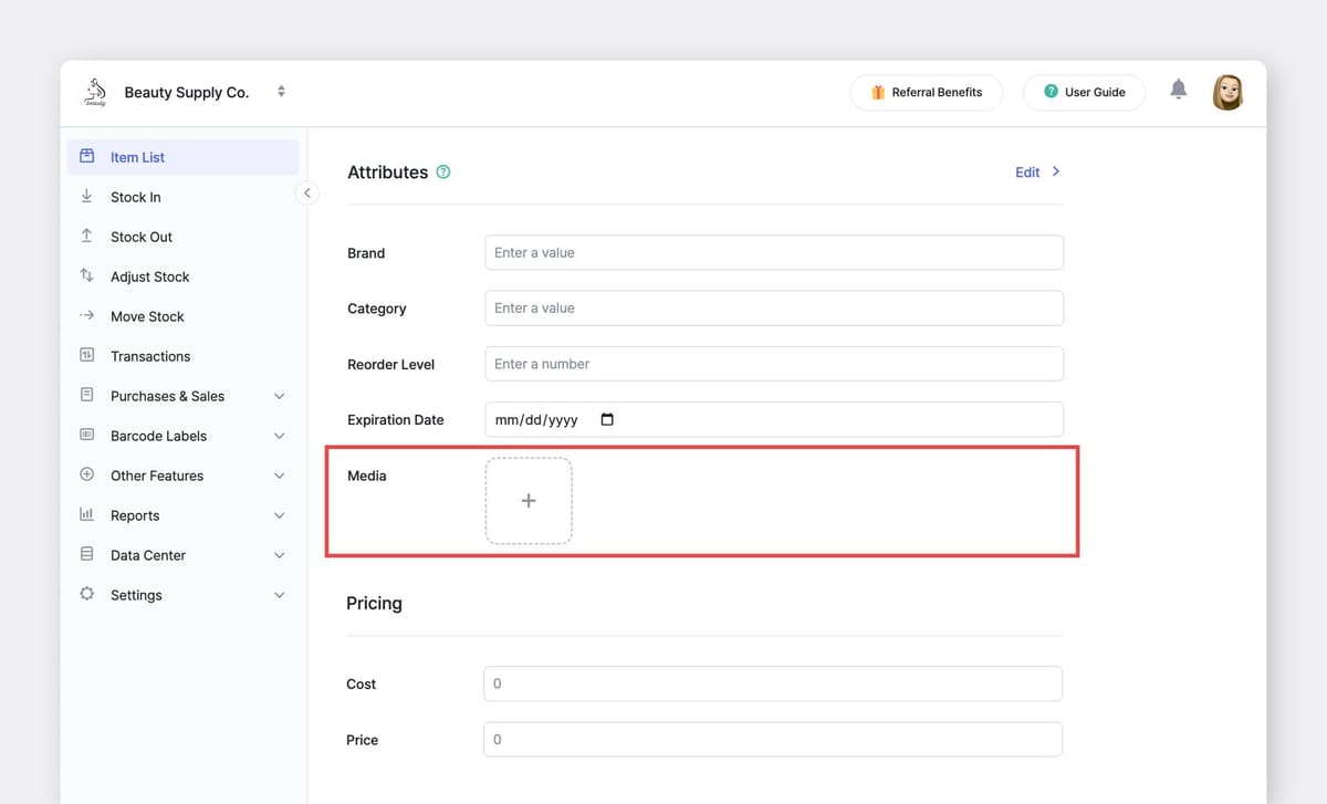 BoxHero new item page showing a file type attribute with an empty upload field highlighted