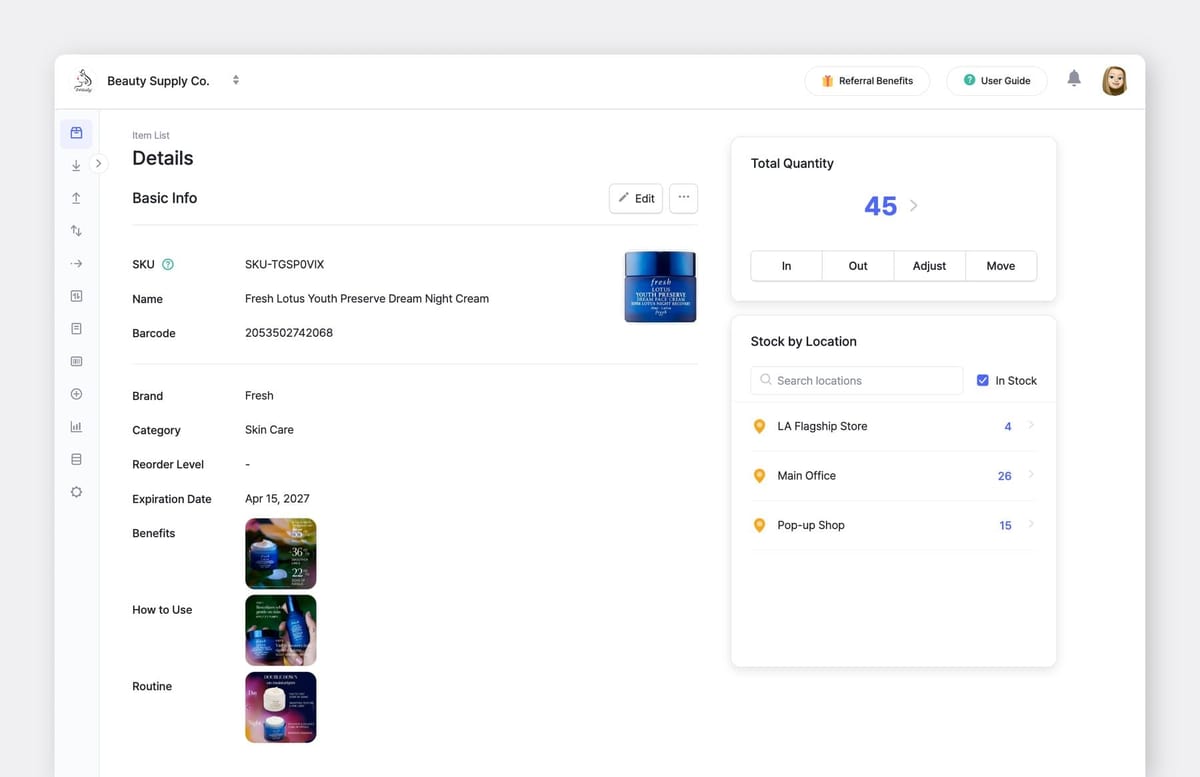 BoxHero item detail page for a beauty product with multiple file attributes for benefits, how to use, and routine images
