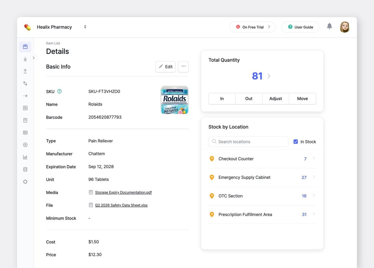 BoxHero item detail page for a pharmacy product showing file attributes with attached storage expiry documentation and safety data sheet