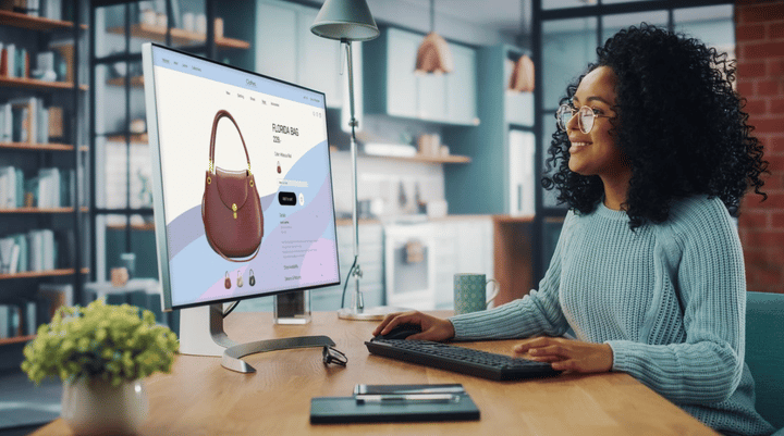 Joven disfrutando de las compras en línea desde su computadora de escritorio