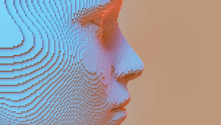 Inteligencia artificial representada en bloques sobre la imagen lateral de un rostro humano.