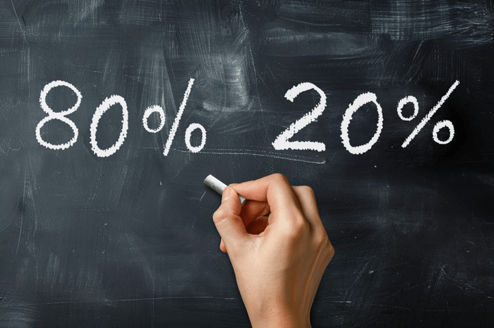 80 % / 20 % escrito en una pizarra.