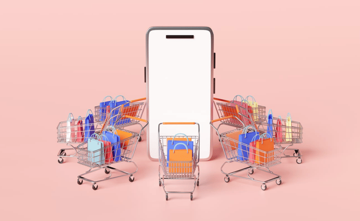 Teléfono inteligente rodeado de carritos llenos de bolsas de compras que representan la compra en línea de paquetes combinados