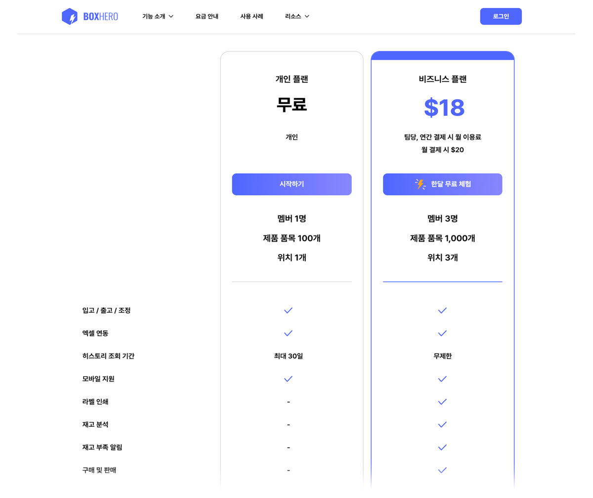 박스히어로 요금 안내 페이지