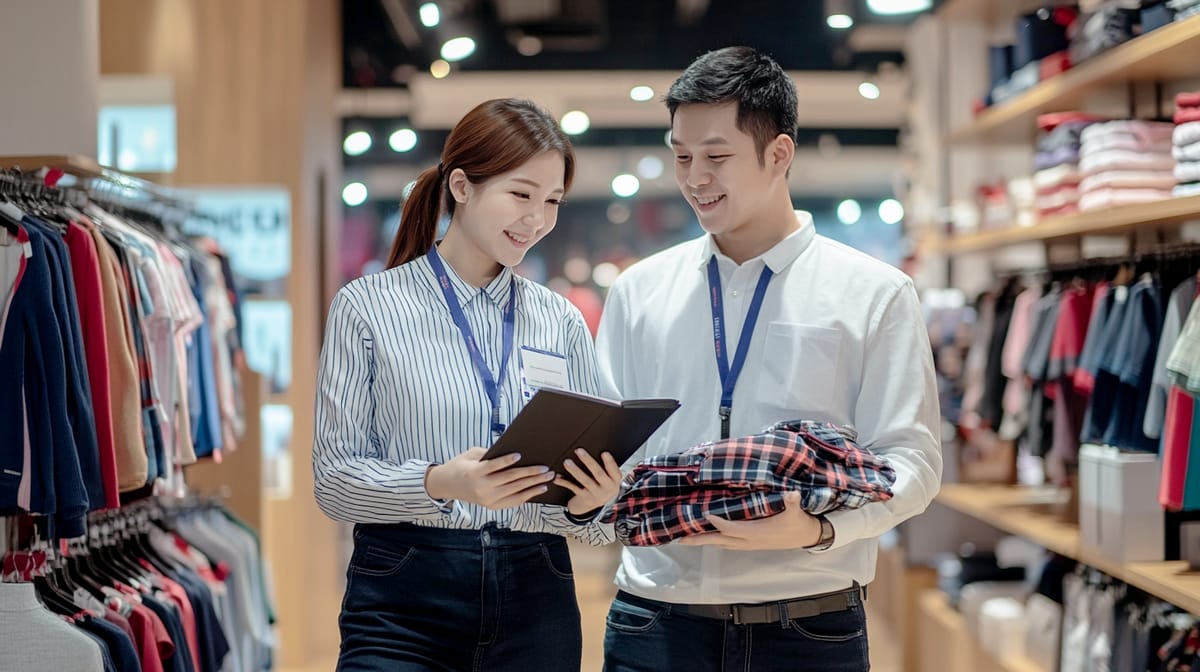 직원 2명이 의류와 노트를 들고 의류 매장 안을 걸어가고 있다.