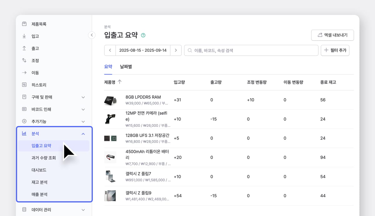 좌측 메뉴바 내 분석 카테고리 아래로 입출고 요약, 과거 수량 조회, 대시보드, 재고 분석, 매출 분석 기능들이 나열되어 있는 박스히어로 UI