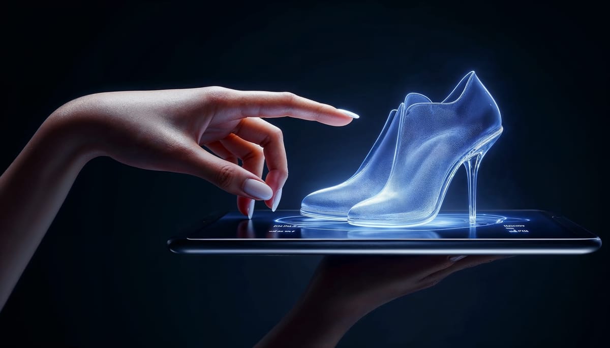 AI 홀로그램 기술로 구현된 신발을 터치하는 손 모습 – 미래형 온라인 쇼핑 경험