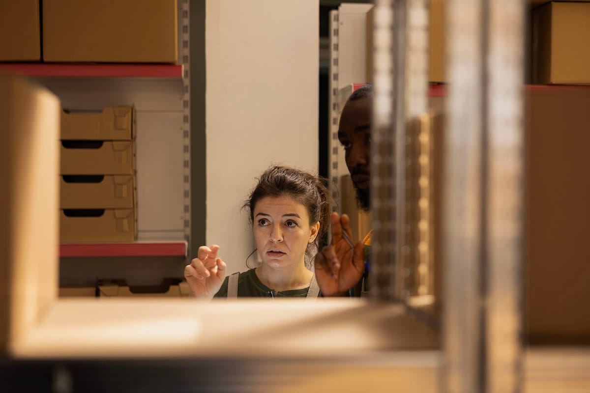 선반의 빈 틈으로 당황한 얼굴로 재고 수량을 확인하는 직원들이 보인다.