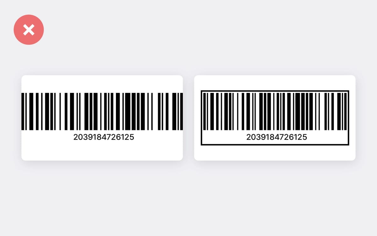 (왼쪽) 바코드가 라벨 가장자리와 너무 가까움 / (오른쪽) 바코드 가까이 테두리가 있음