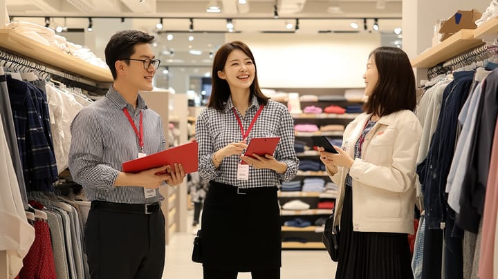 명찰을 맨 직원 세 명이 패션 브랜드 매장 매대 앞에 서 있다.