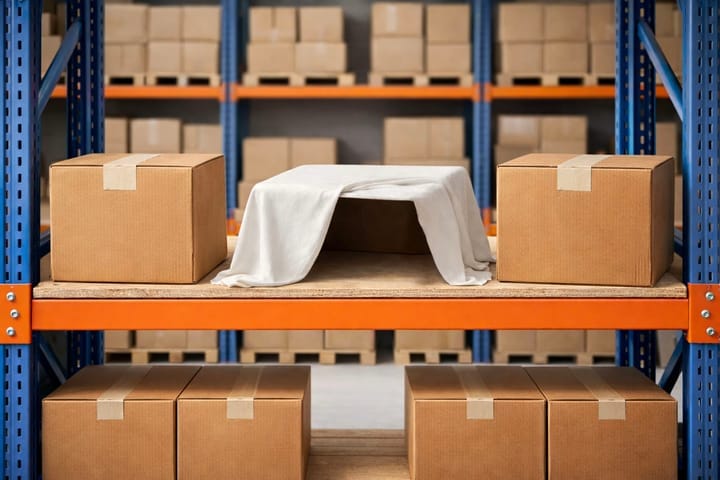 선반 위에 올라온 재고 상자들. 천에 덮힌 한 상자는 안이 비어있다.