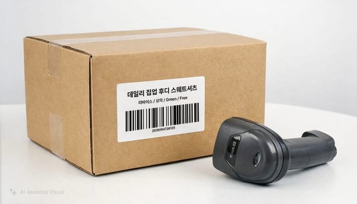 테이블 위에 놓여있는 바코드 라벨이 붙어있는 제품 상자와 바코드 스캐너