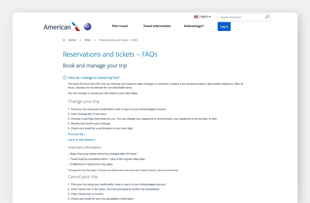 American Airlines FAQ page showing instructions on how to change or cancel a trip, with step-by-step guidelines and important details.