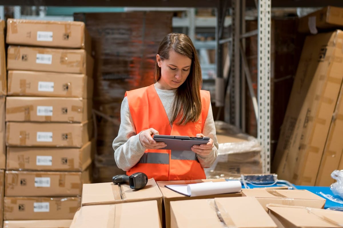 A person in an orange safety vest using a tablet while standing among cardboard boxes with a barcode scanner on the stacked boxes.
