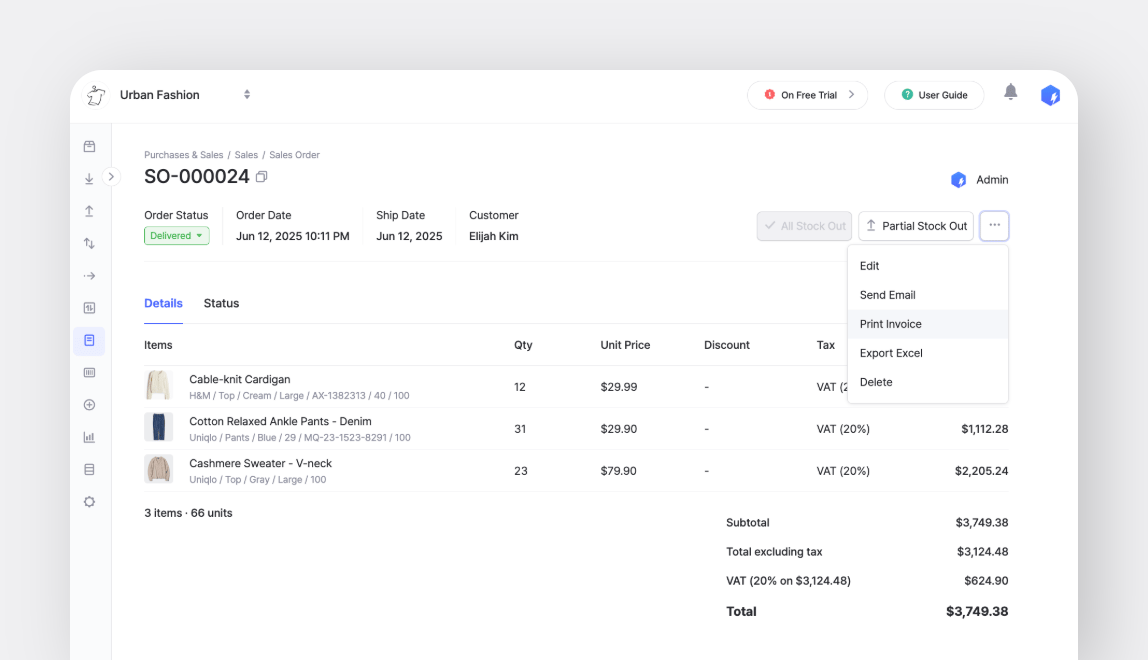 BoxHero sales order interface displaying order SO-000024 with itemized products, quantities, unit prices, and total calculations.