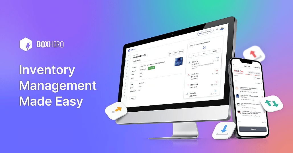 BoxHero Inventory Management Splash Screen of Desktop and Mobile