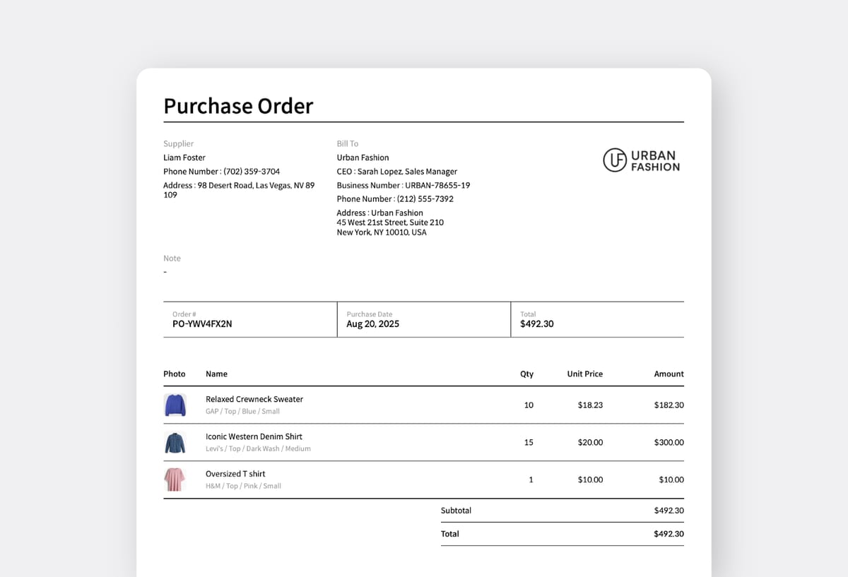 A purchase order showing supplier information, item details with quantities and prices, and other details.