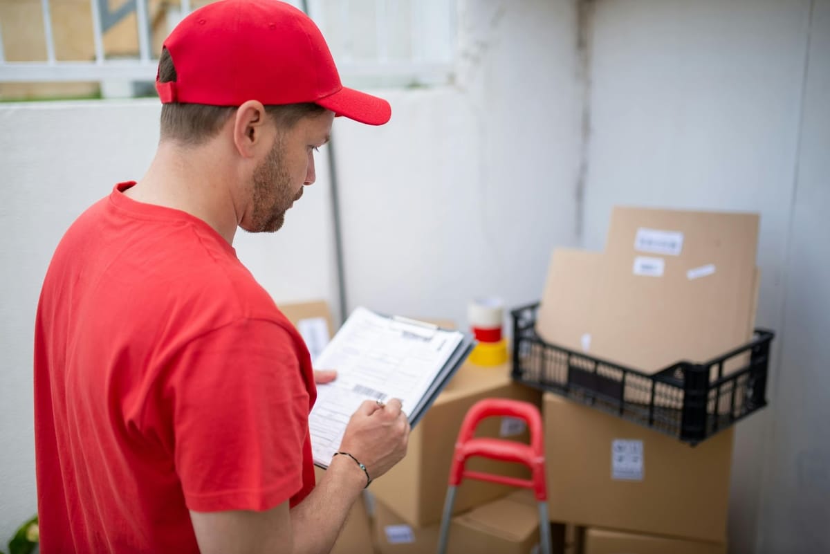 A warehouse worker in a red uniform shirt and cap reviews a paper list while standing next to stacked cardboard boxes.
