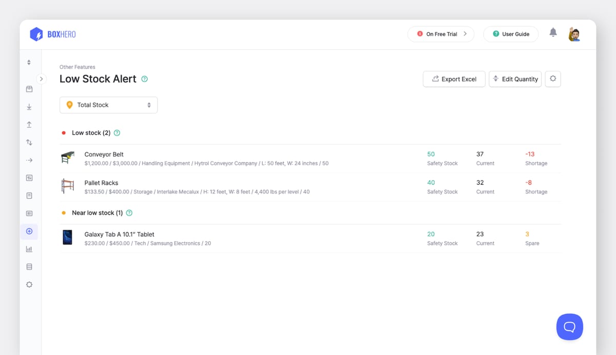 BoxHero Low Stock Alert dashboard showing inventory items requiring attention.