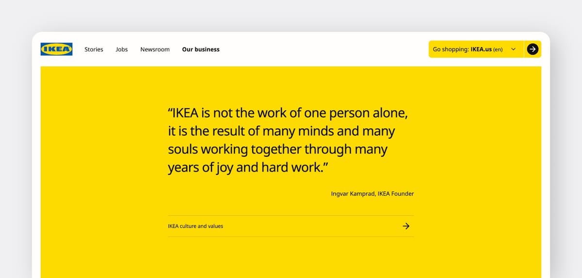 IKEA website screenshot with a bright yellow background and founder’s quote.