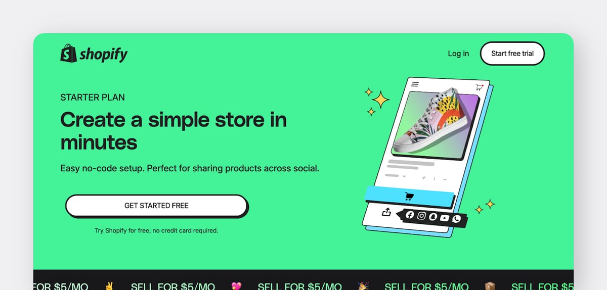 A Shopify webpage promoting its Starter Plan, offering a simple, no-code online store setup with a "Get Started Free" button.