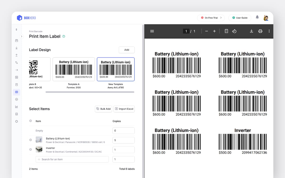 BoxHero barcode label printing interface showing multiple lithium-ion battery labels with barcodes.