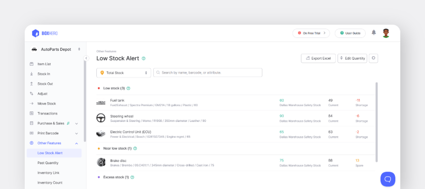BoxHero's Low Stock Alert dashboard showing a list of automotive parts with low inventory levels.