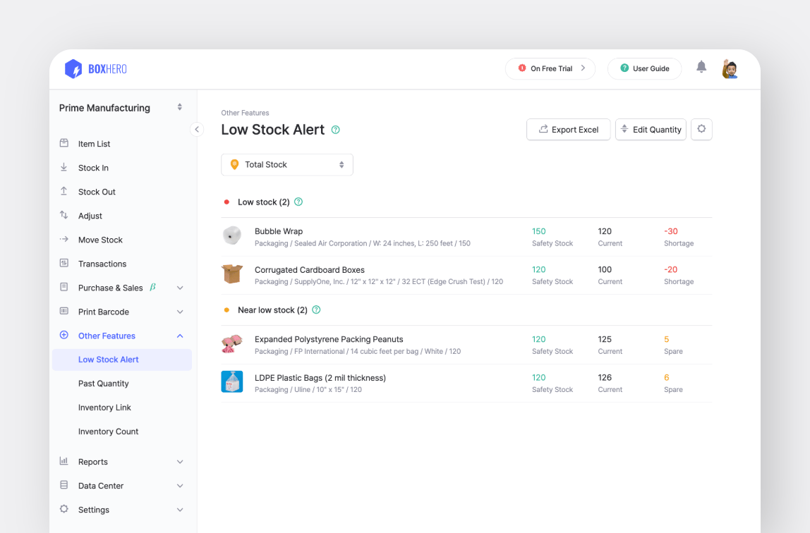BoxHero Web Screenshot: Low Stock Alert