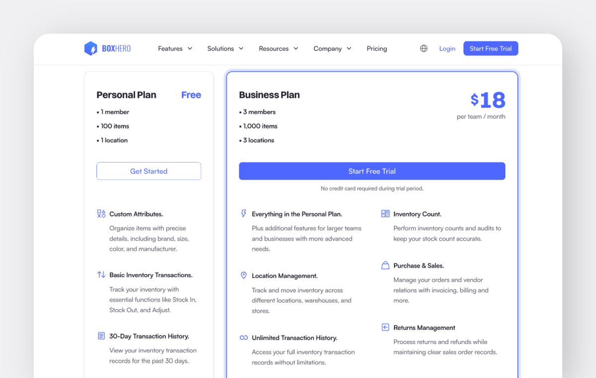 BoxHero pricing page displaying two subscription tiers - a free Personal Plan and an $18/month Business Plan.