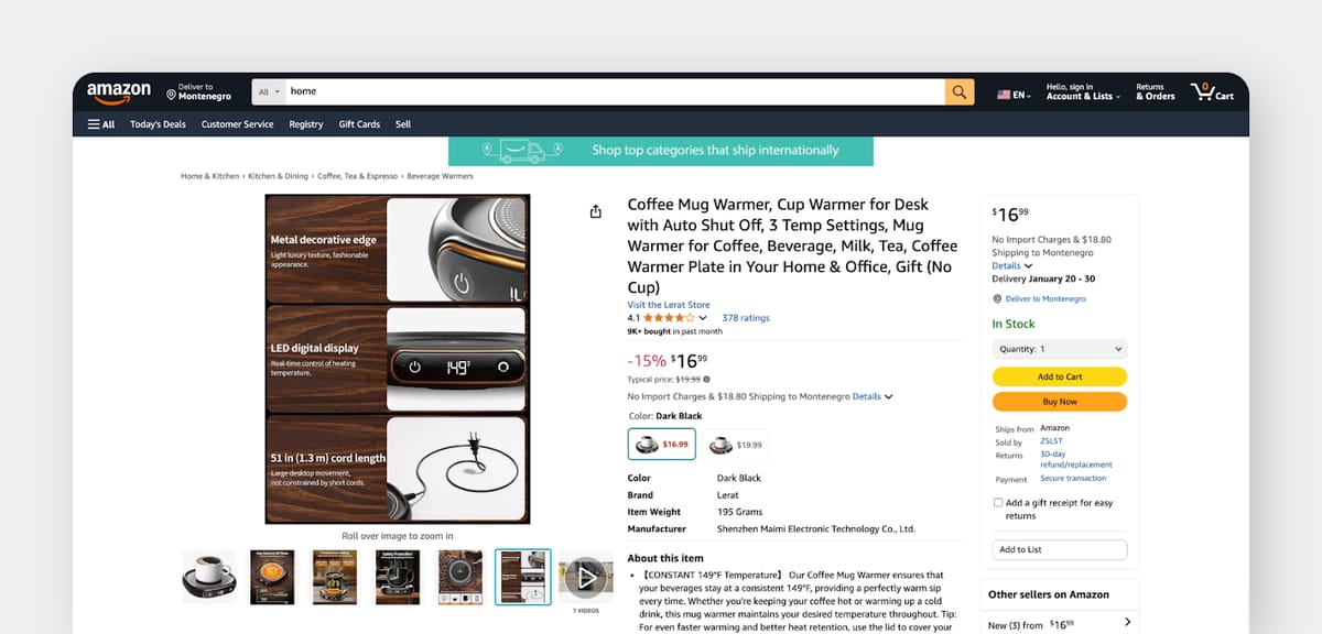 Amazon product page for a coffee mug warmer with auto shut-off, three temperature settings, and an LED display, priced at $16.99.