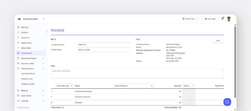 BoxHero invoice creation screen displaying customer billing information and itemized products with quantities and pricing details.