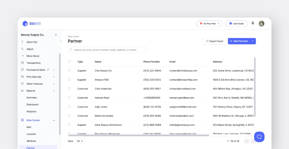 Screenshot of a partner management screen showing suppliers, customers, and their contact details.