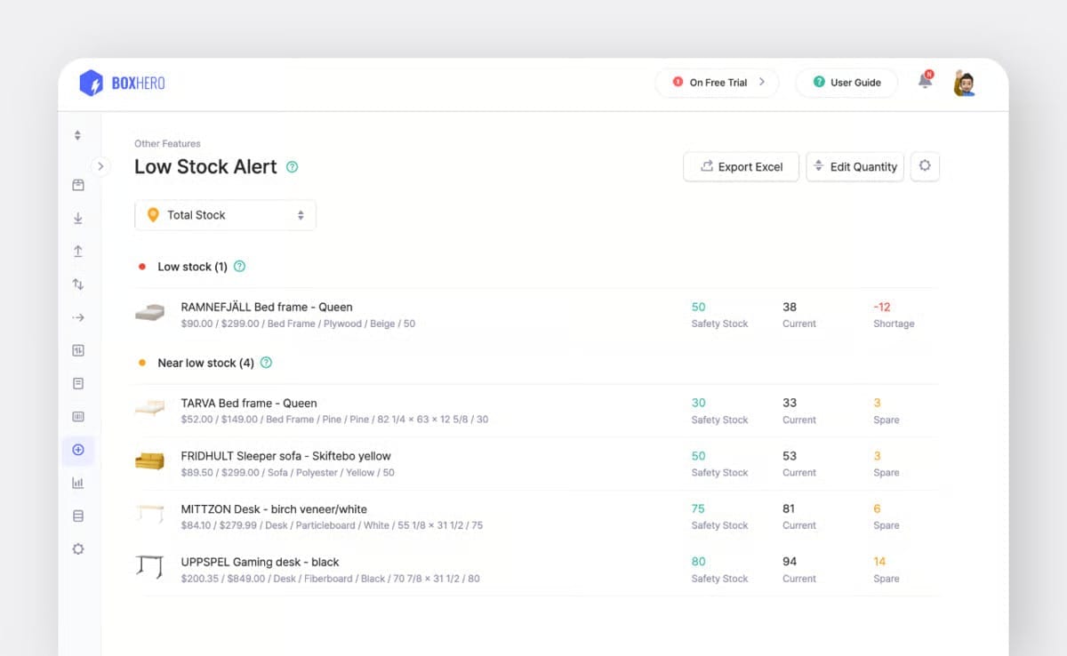 Tampilan BoxHero: Low Stock Alert & Safety Stock