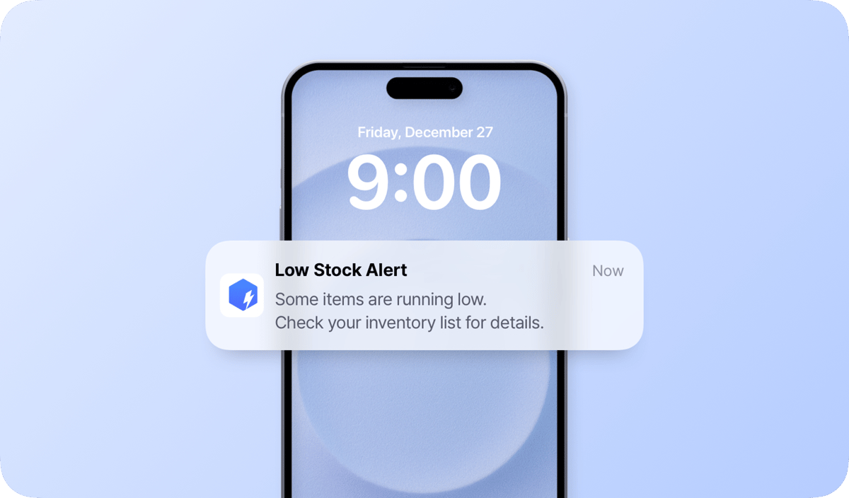Notificación push de la app BoxHero para Alerta de Stock Bajo en un dispositivo móvil