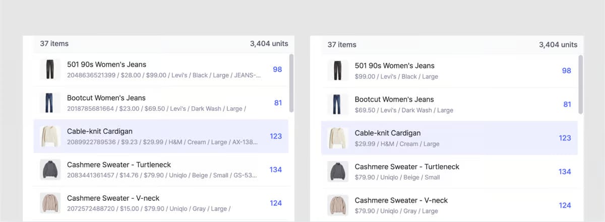Comparación de la Lista de artículos de BoxHero mostrando atributos detallados frente a una vista simplificada con precio, marca, color y cantidad en stock
