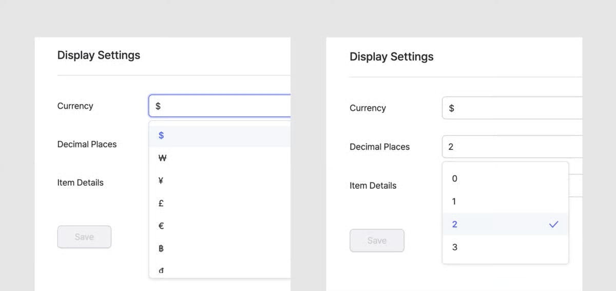 Ajustes de visualización de BoxHero mostrando el menú desplegable de selección de moneda y las opciones de decimales para precios unitarios