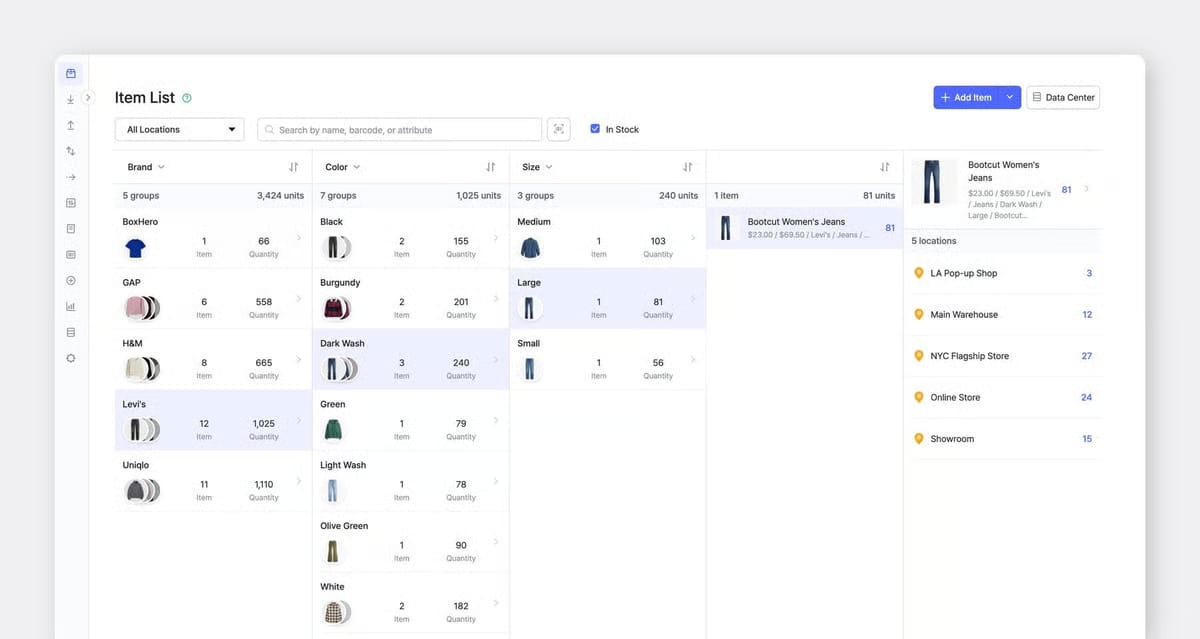 Lista de artículos de BoxHero agrupada por marca, color y talla, mostrando el conteo de artículos y cantidades de stock por categoría