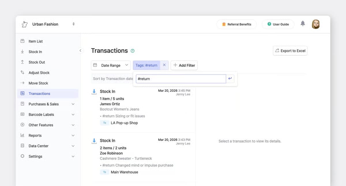 Página de transacciones de inventario de BoxHero filtrada por la etiqueta de devolución, mostrando movimientos de stock, detalles de artículos, marcas de tiempo y ubicaciones
