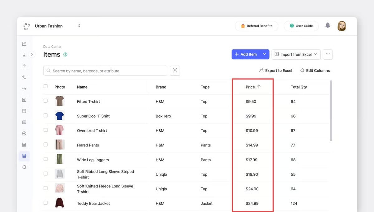 Vista del Centro de datos de BoxHero con artículos seleccionados y opciones de acción en lote disponibles