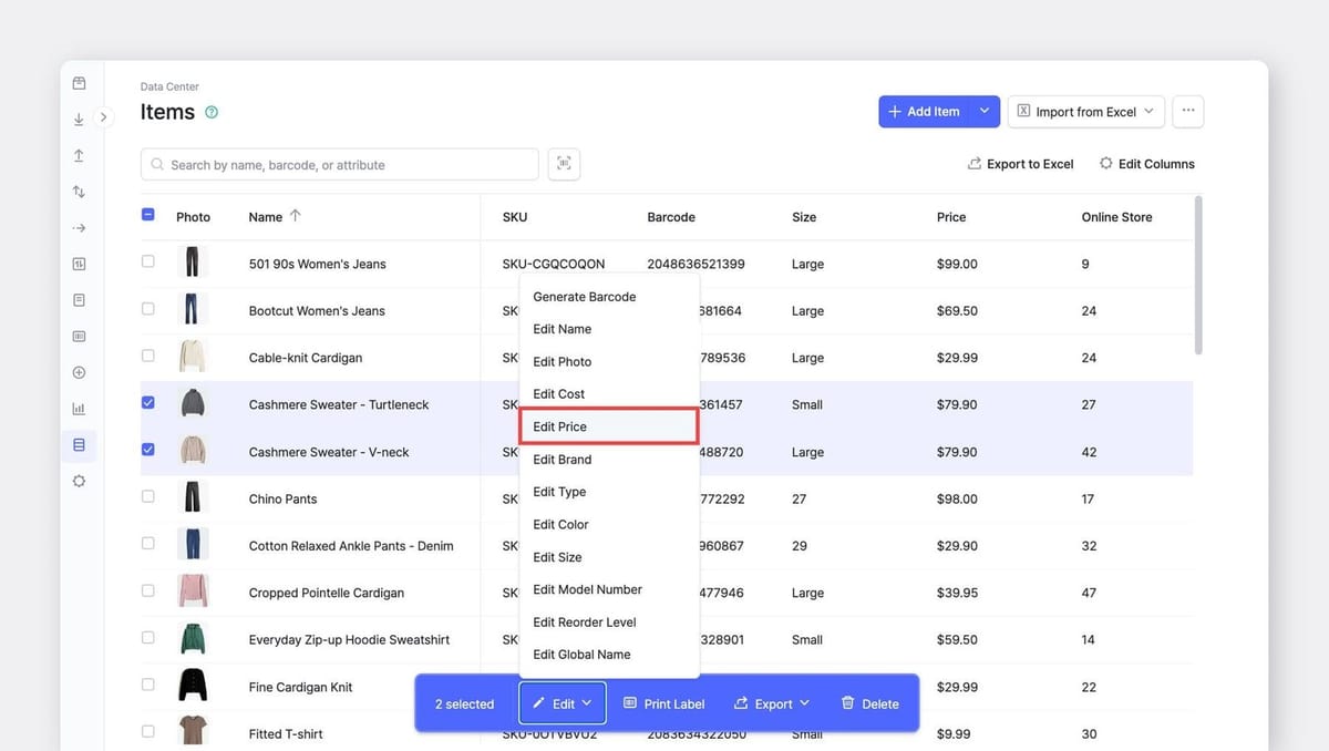 Página Centro de datos > Artículos de BoxHero mostrando la lista de artículos con el menú de edición masiva, incluida la opción de actualizar precios y detalles