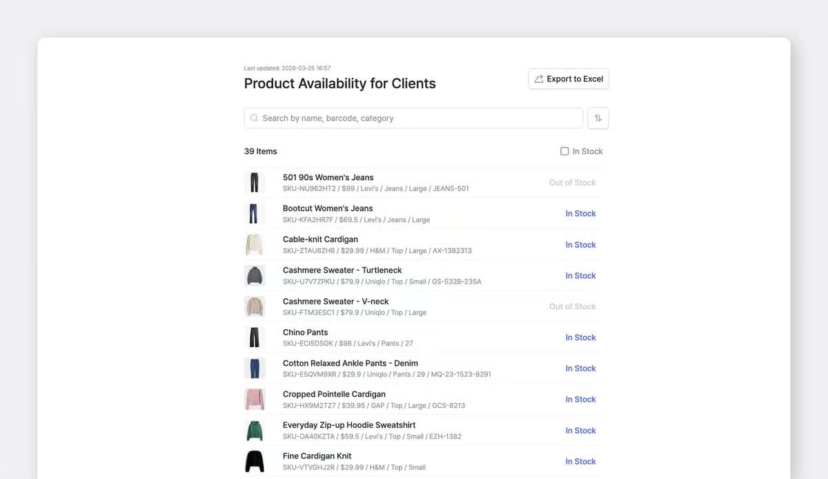 Enlace de inventario público de BoxHero mostrando disponibilidad de productos con estado "En stock" o "Agotado" para cada artículo