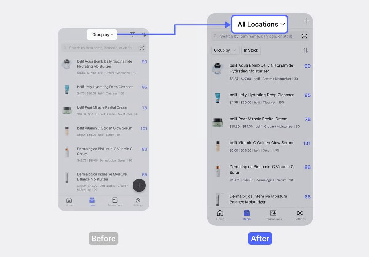 Lista de artículos en BoxHero: el menú desplegable 'Agrupar por' ha sido reemplazado por 'Todas las ubicaciones' — comparación Antes/Después