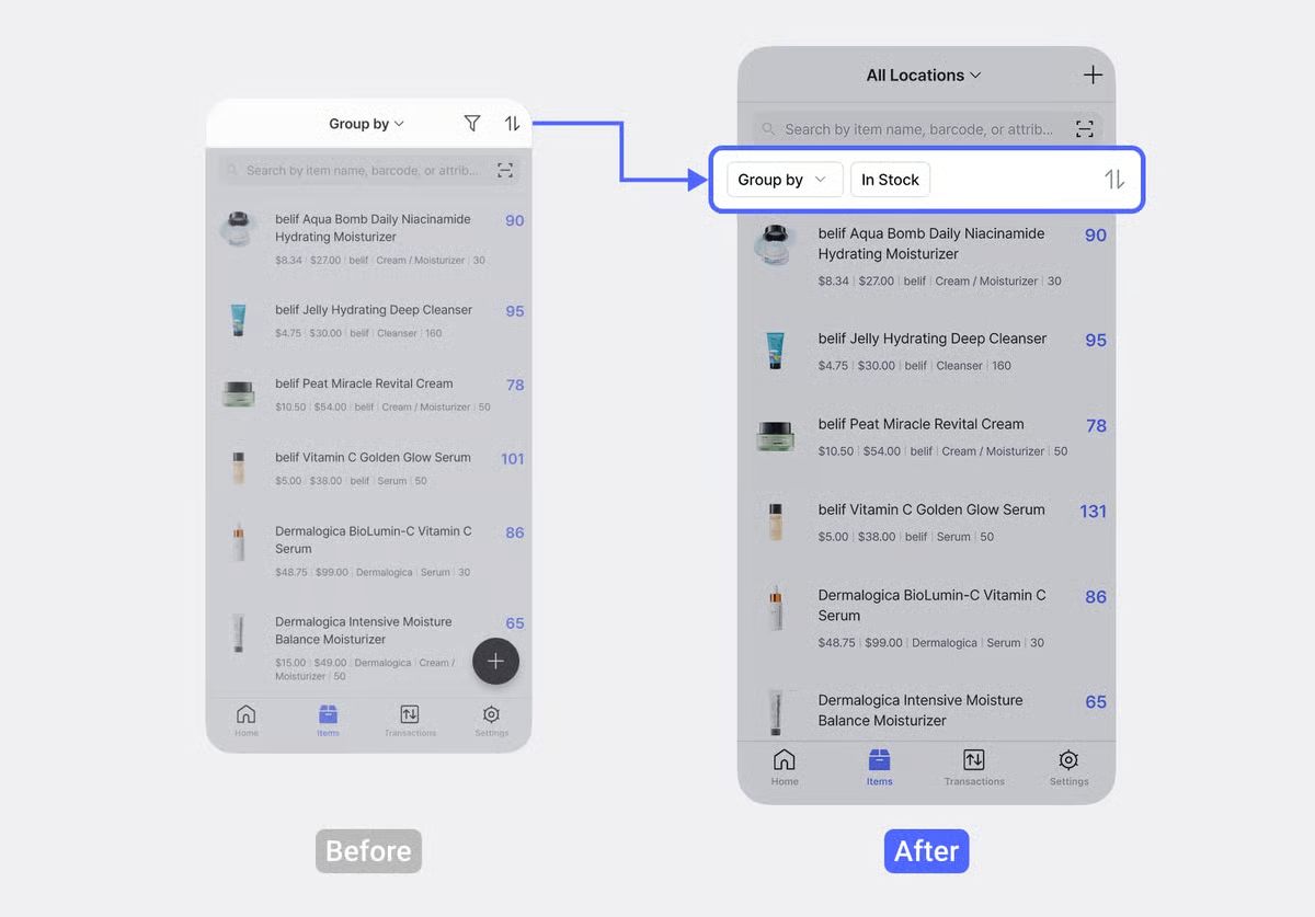 Lista de artículos en BoxHero: los botones 'Agrupar por' y 'En stock' se han movido debajo de la barra de búsqueda — comparación Antes/Después