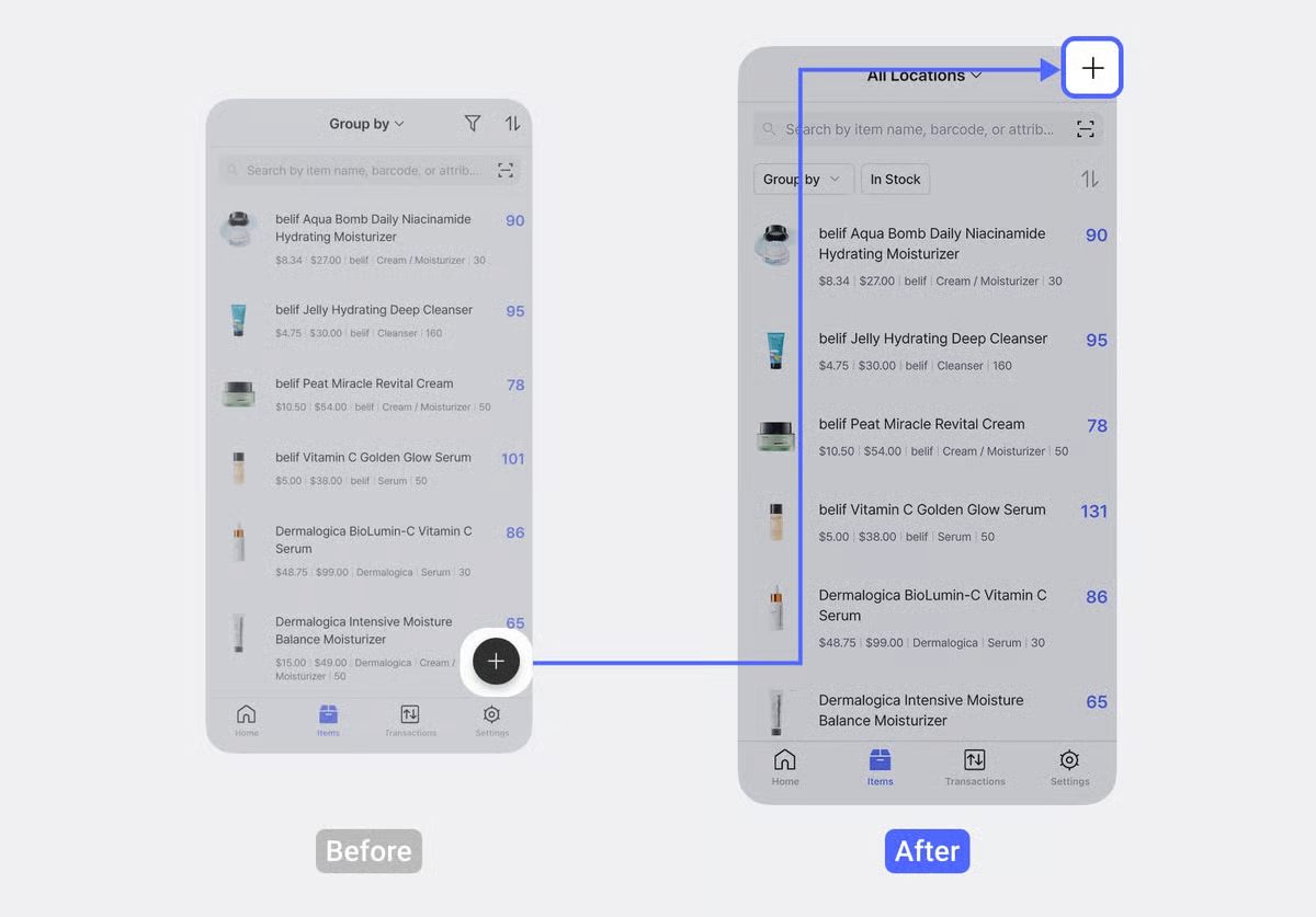Lista de artículos en BoxHero: el botón flotante '+' se ha movido a la esquina superior derecha — comparación Antes/Después