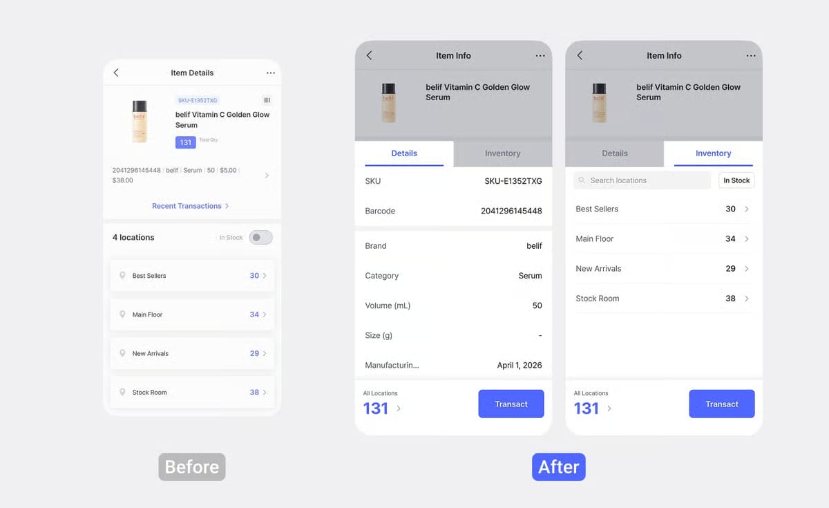 Información del artículo en BoxHero: el diseño de desplazamiento único ha sido reemplazado por una estructura de pestañas 'Detalles / Inventario' — comparación Antes/Después