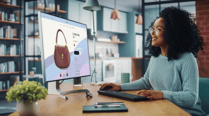 Joven disfrutando de las compras en línea desde su computadora de escritorio